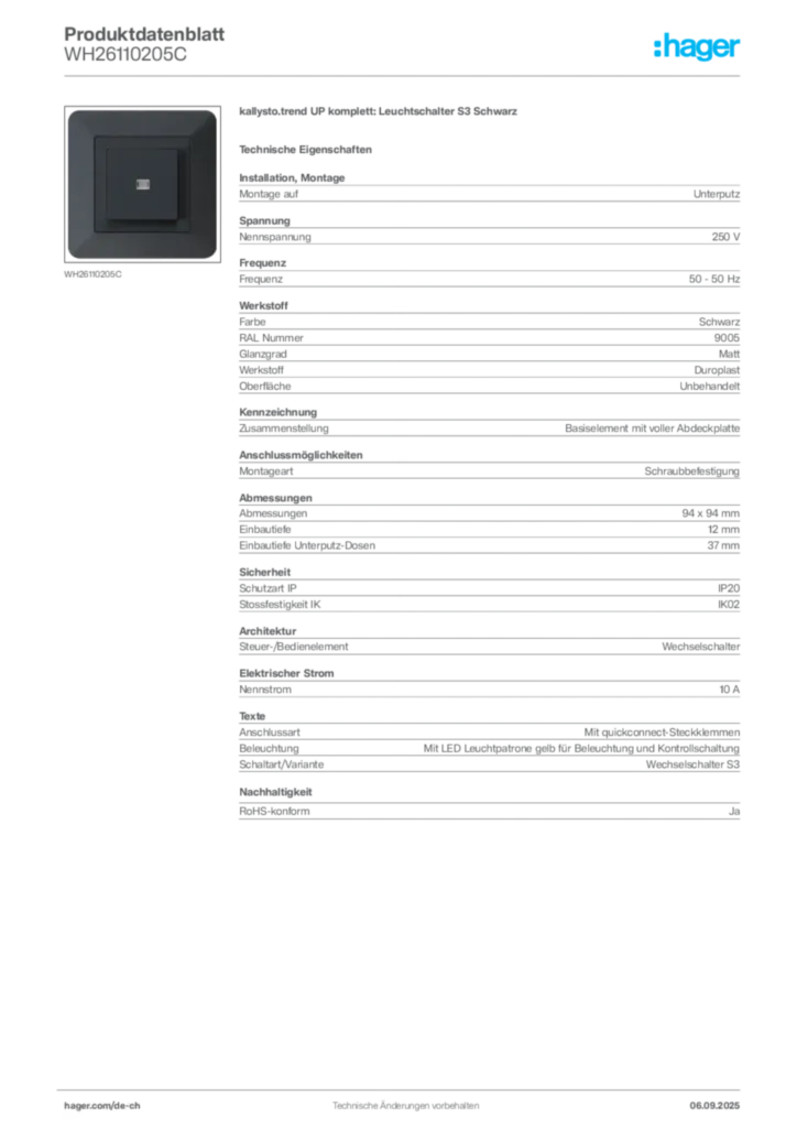 Bild Hager Produktdatenblatt WH26110205C | Hager Schweiz