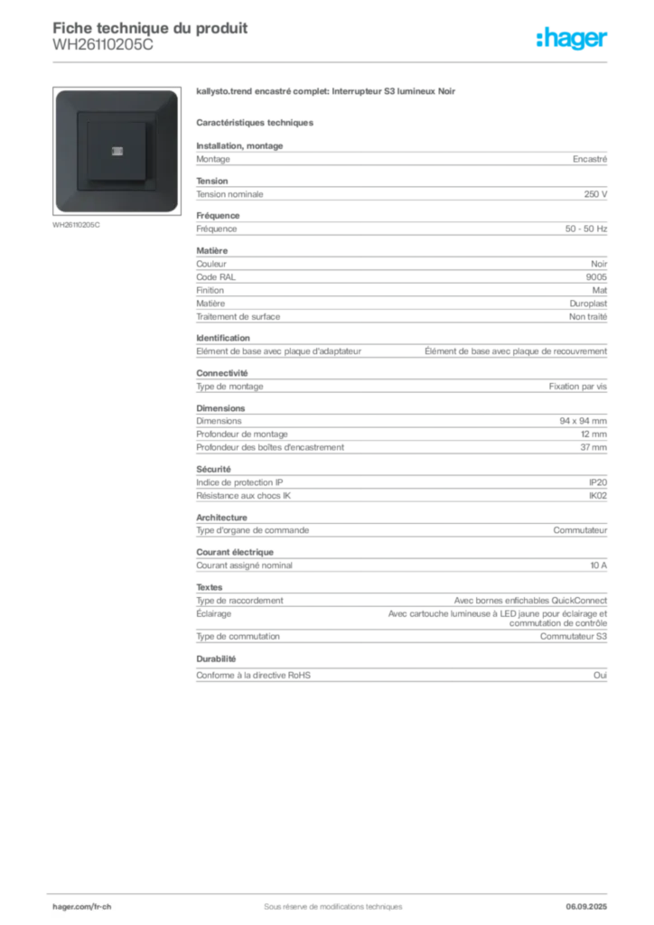 Image Hager Fiche technique du produit WH26110205C | Hager Suisse