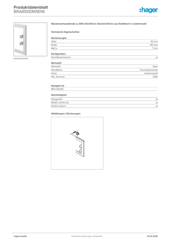 Bild Hager Produktdatenblatt BRA85130W9016 | Hager Deutschland