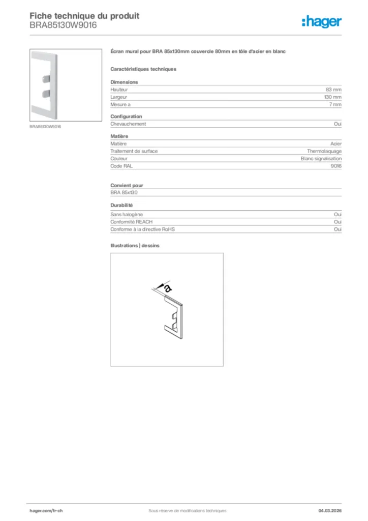 Image Hager Fiche technique du produit BRA85130W9016 | Hager Suisse