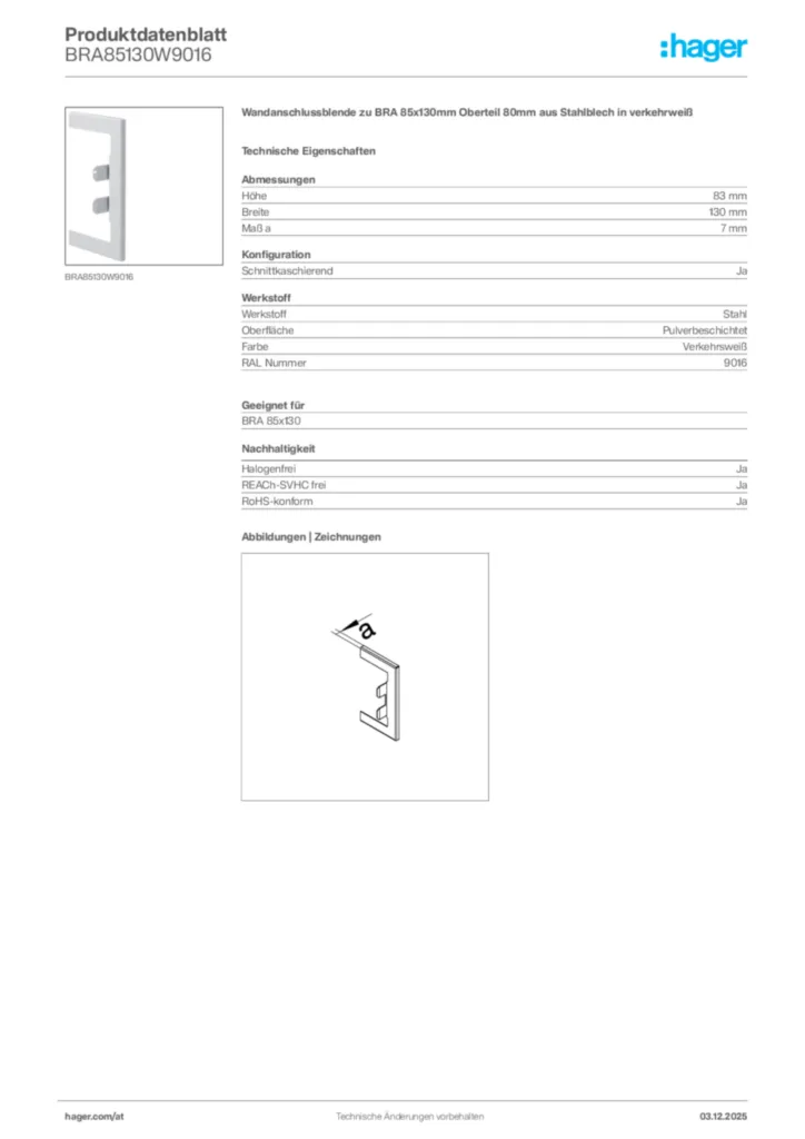 Bild Hager Produktdatenblatt BRA85130W9016 | Hager Deutschland