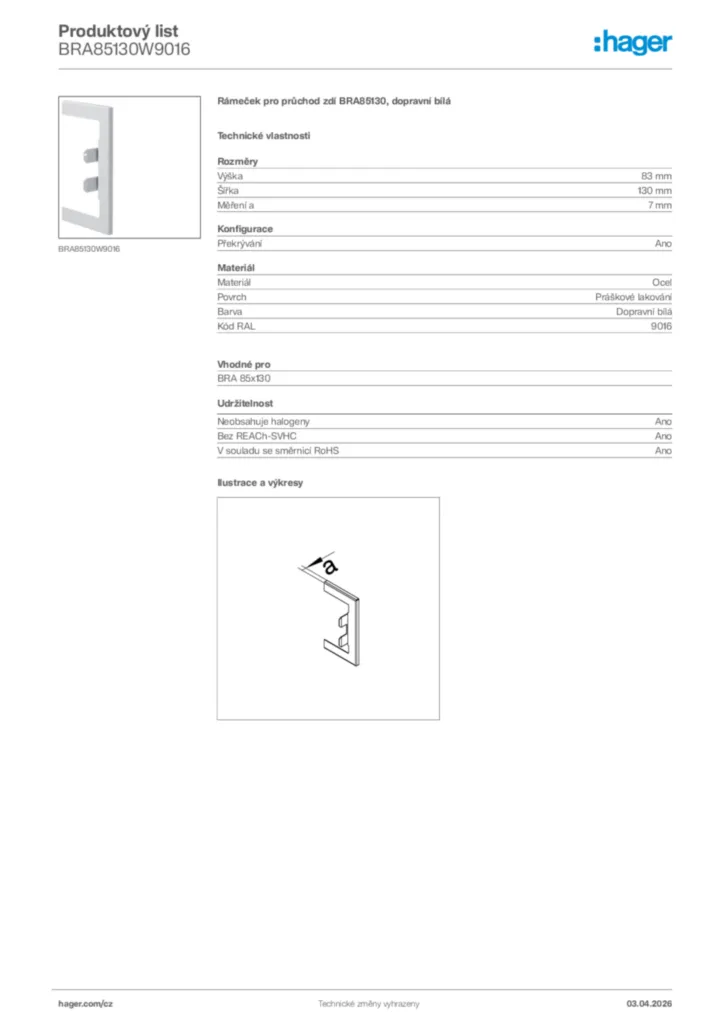 Obrázek Hager Product data sheet BRA85130W9016 | Hager