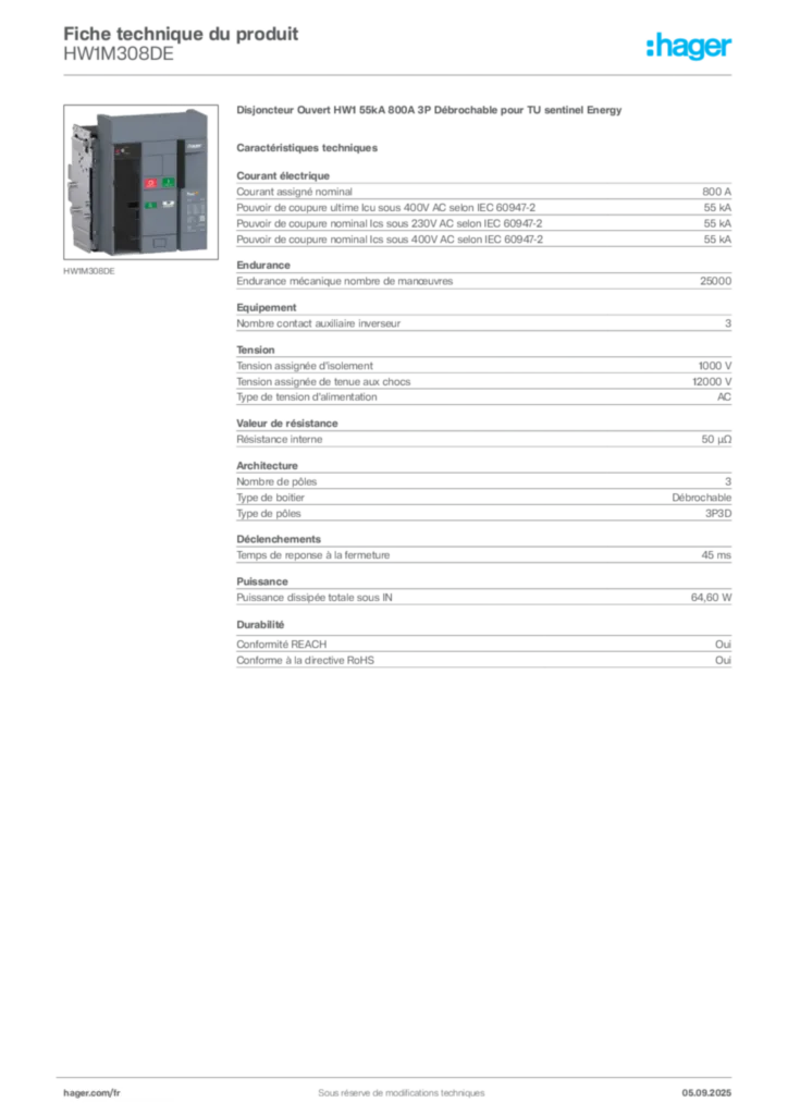 Image Hager Fiche technique du produit HW1M308DE | Hager France