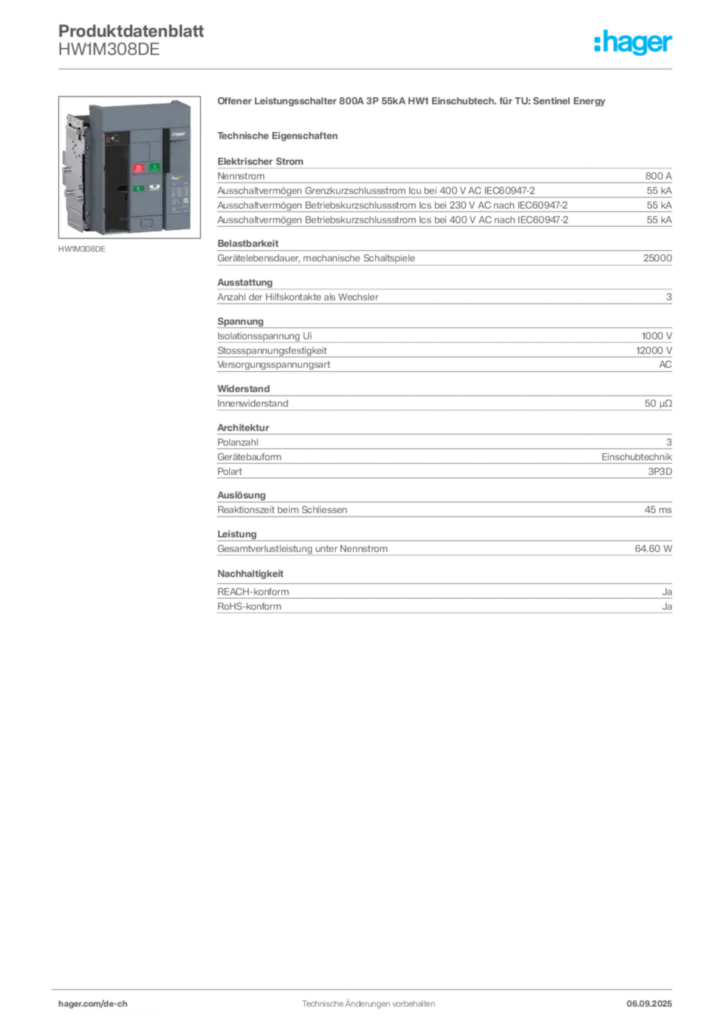 Bild Hager Produktdatenblatt HW1M308DE | Hager Schweiz
