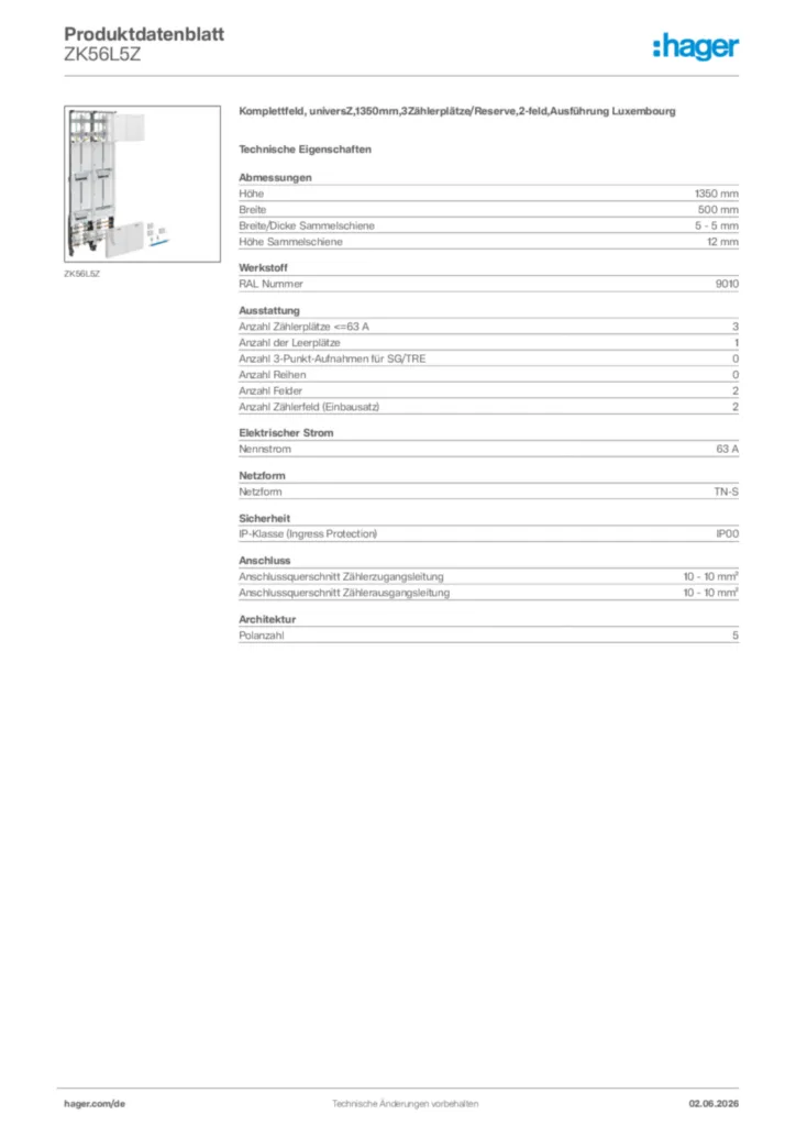 Bild Hager Produktdatenblatt ZK56L5Z | Hager Deutschland