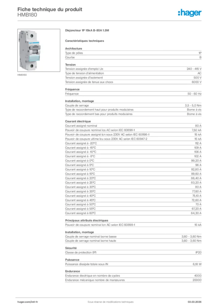 Image Hager Fiche technique du produit HMB180 | Hager Afrique