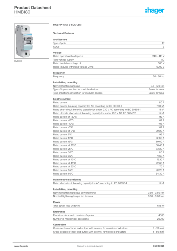 Image Hager Product data sheet HMB180  | Hager