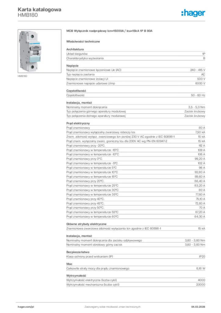 Zdjęcie Hager Karta katalogowa HMB180 | Hager Polska