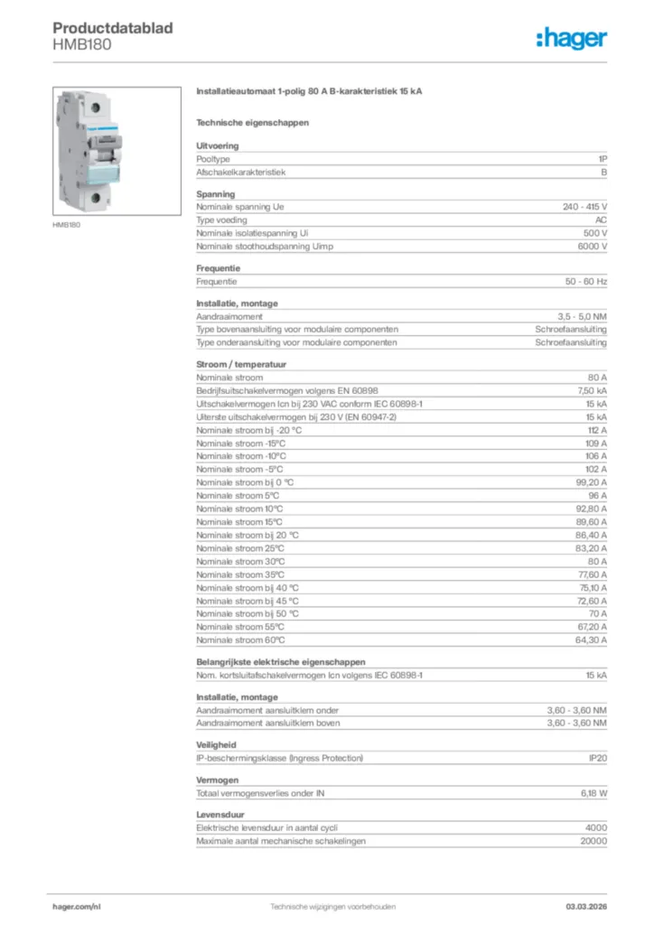 Afbeelding Hager Productdatablad HMB180 | Hager Nederland