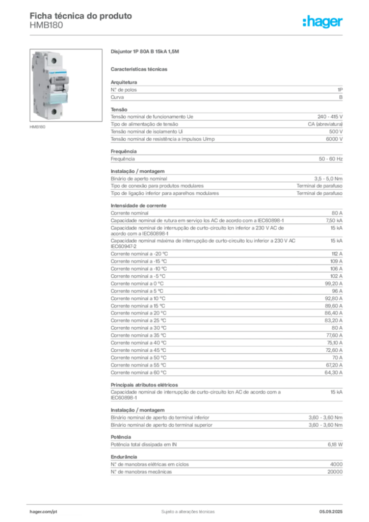 Imagem Hager Ficha técnica do produto HMB180 | Hager Portugal