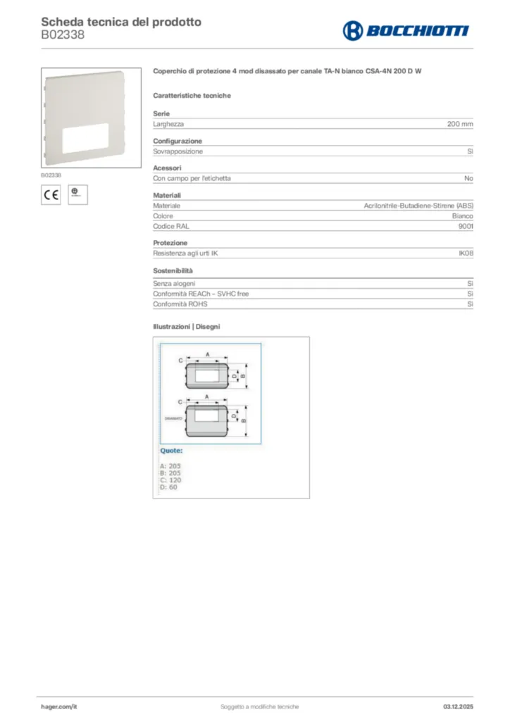 Immagine Bocchiotti Scheda tecnica del prodotto B02338 | Hager Italia