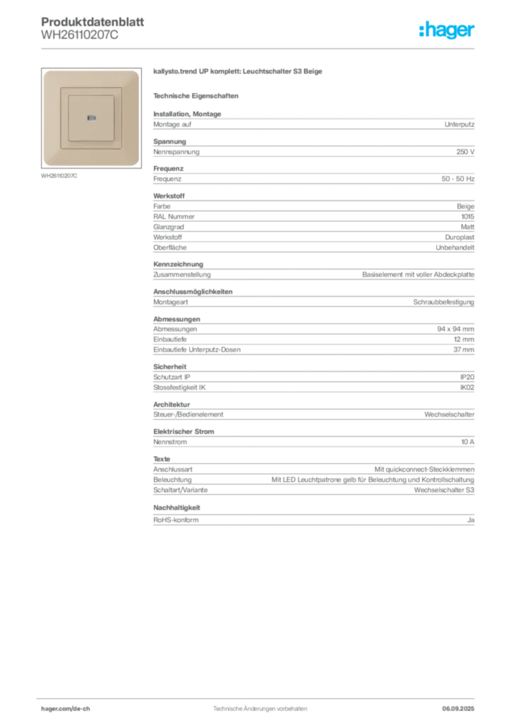 Bild Hager Produktdatenblatt WH26110207C | Hager Schweiz