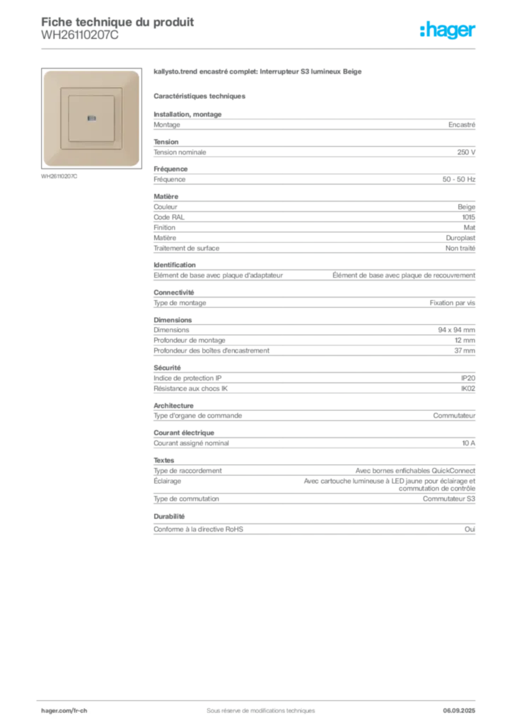 Image Hager Fiche technique du produit WH26110207C | Hager Suisse