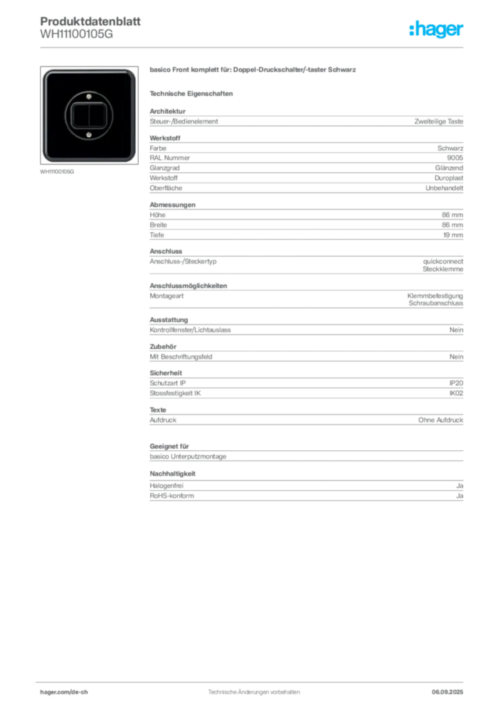 Bild Hager Produktdatenblatt WH11100105G | Hager Schweiz