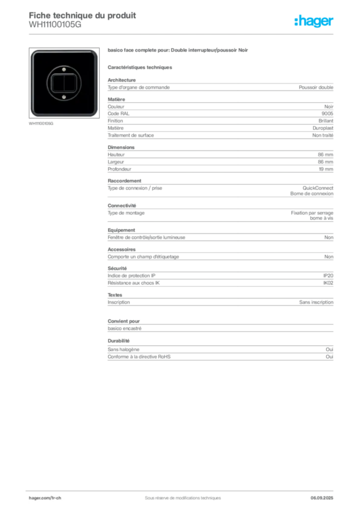 Image Hager Fiche technique du produit WH11100105G | Hager Suisse