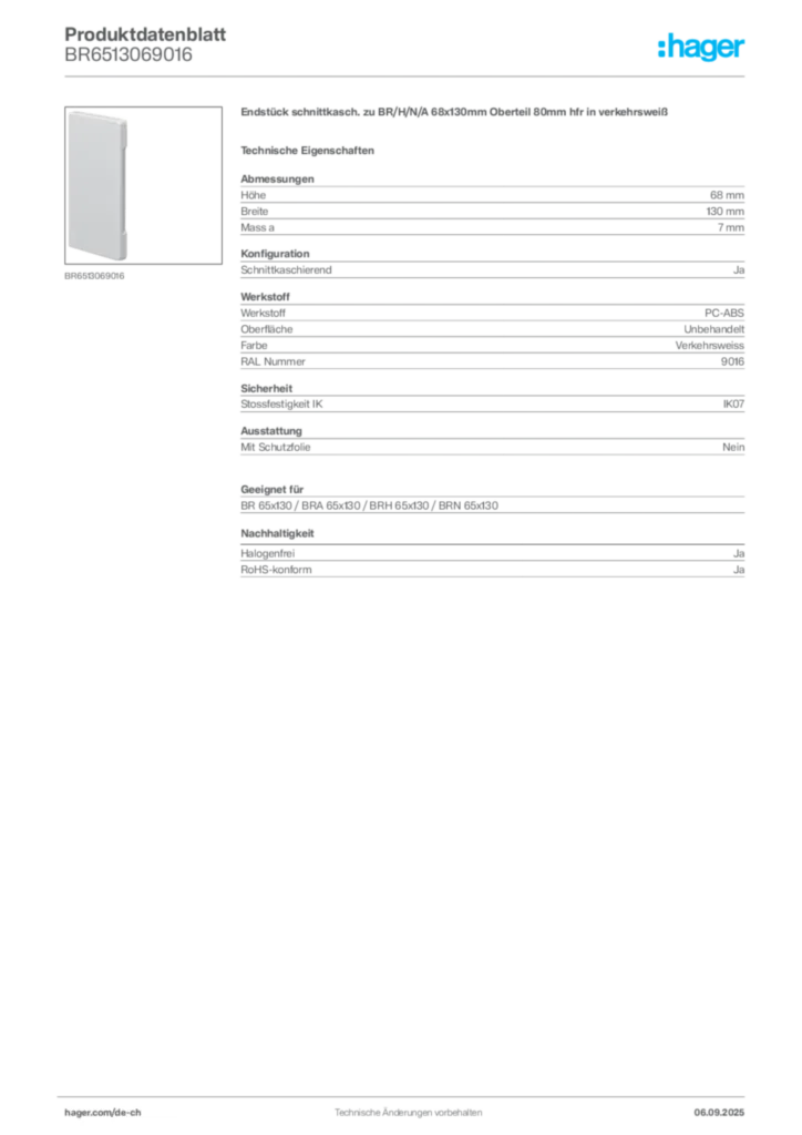 Bild Hager Produktdatenblatt BR6513069016 | Hager Schweiz