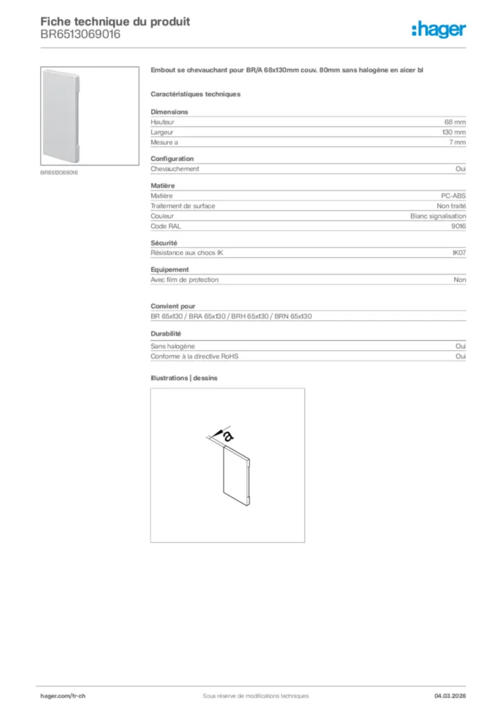 Image Hager Fiche technique du produit BR6513069016 | Hager Suisse