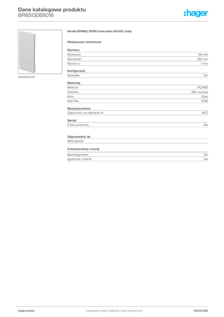 Zdjęcie Hager Dane katalogowe produktu BR6513069016 | Hager Polska