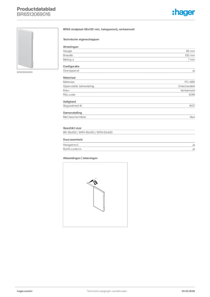 Afbeelding Hager Productdatablad BR6513069016 | Hager Nederland