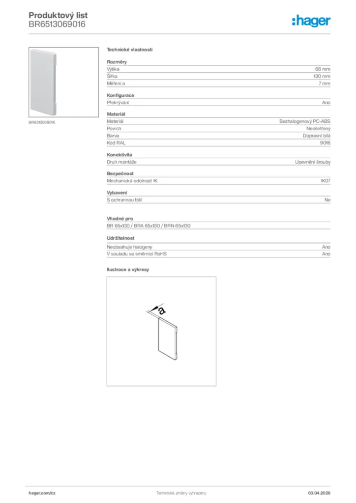 Obrázek Hager Product data sheet BR6513069016 | Hager