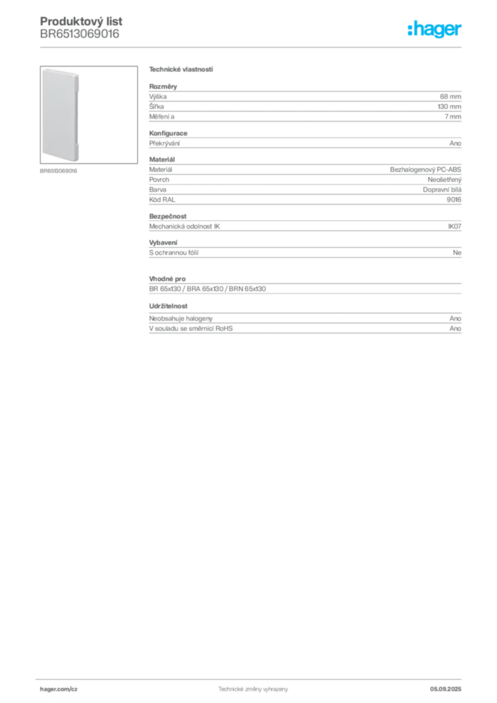 Obrázek Hager Produktový list BR6513069016 | Hager