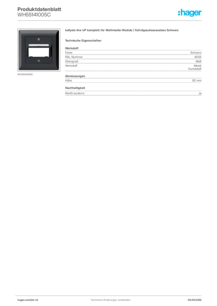 Bild Hager Produktdatenblatt WH55141005C | Hager Schweiz