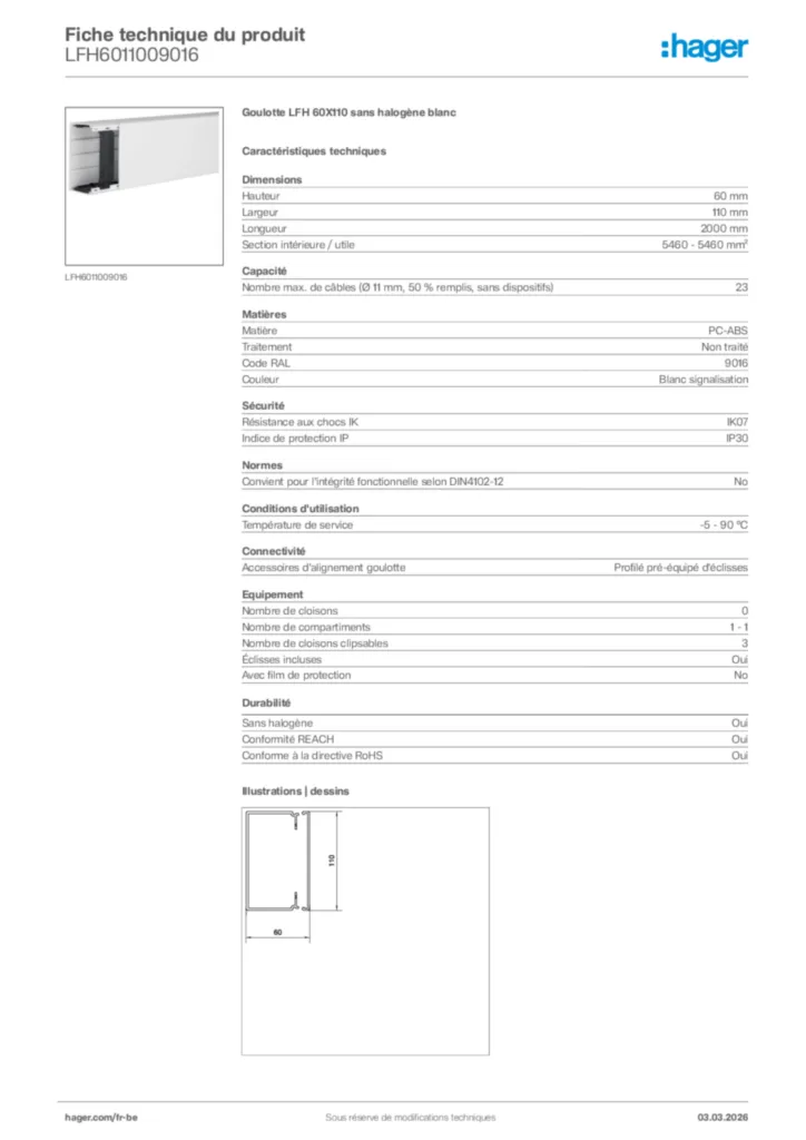 Image Hager Fiche technique du produit LFH6011009016 | Hager Belgique