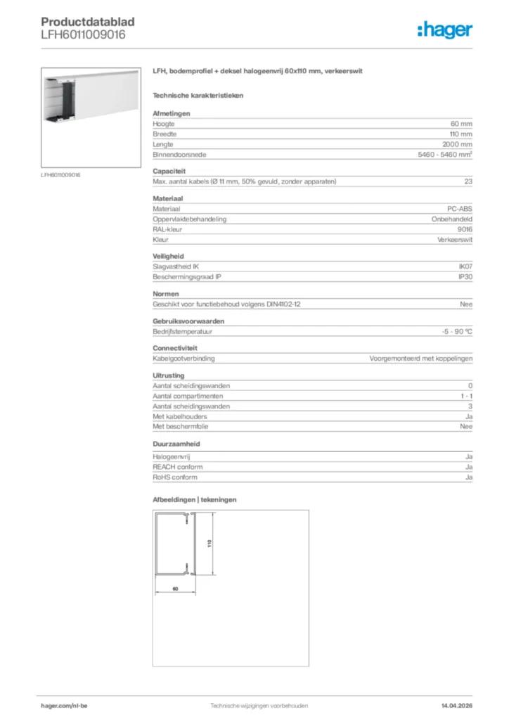 Afbeelding Hager Productdatablad LFH6011009016 | Hager Belgium