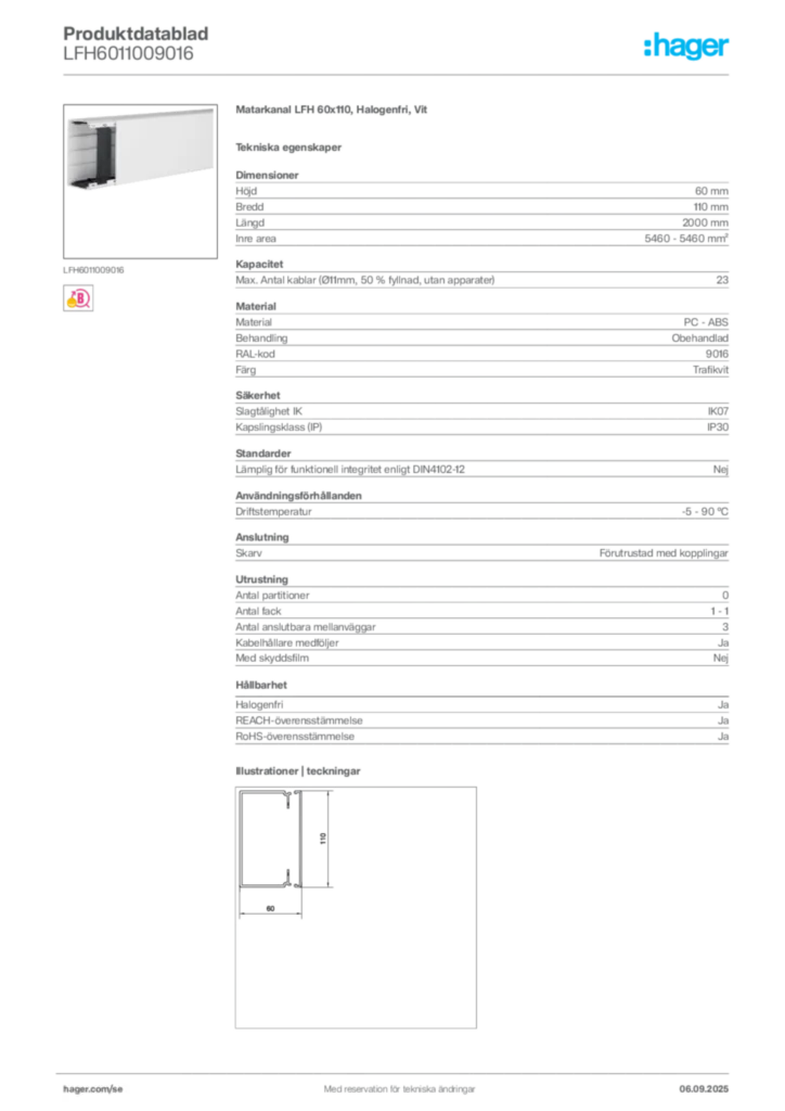 Bild Hager Produktdatablad LFH6011009016 | Hager Sverige