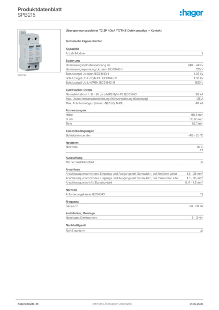 Bild Hager Produktdatenblatt SPB215 | Hager Schweiz
