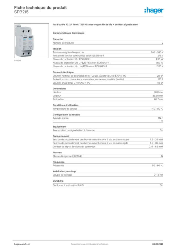 Image Hager Fiche technique du produit SPB215 | Hager Suisse