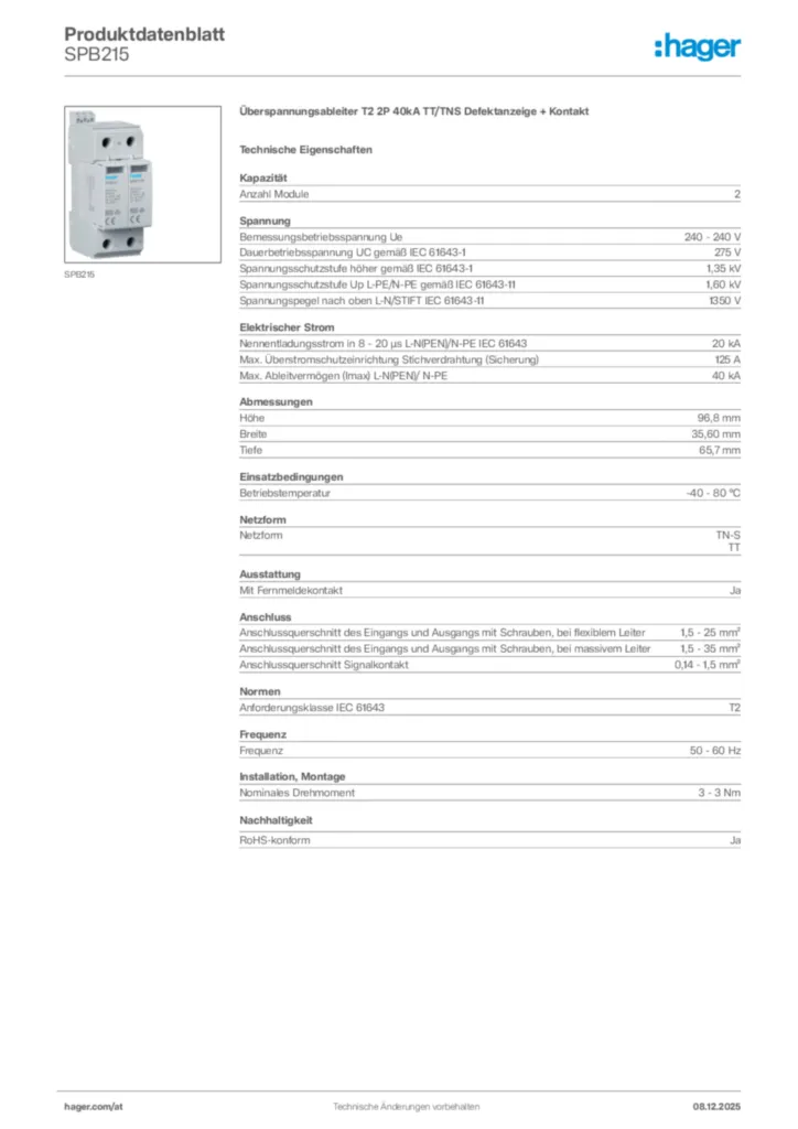 Bild Hager Produktdatenblatt SPB215 | Hager Deutschland