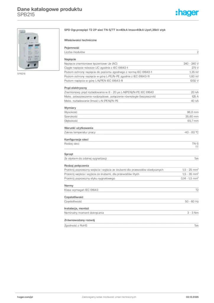 Zdjęcie Hager Dane katalogowe produktu SPB215 | Hager Polska
