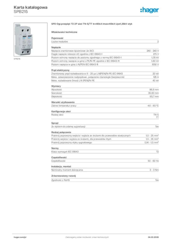Zdjęcie Hager Karta katalogowa SPB215 | Hager Polska