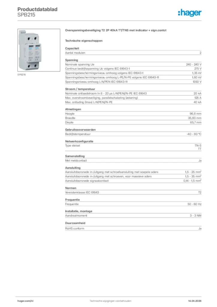 Afbeelding Hager Productdatablad SPB215 | Hager Nederland