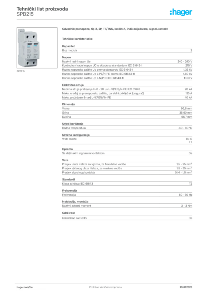 Slika Hager Product data sheet SPB215  | Hager