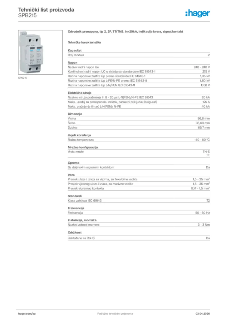 Slika Hager Tehnički list proizvoda SPB215  | Hager