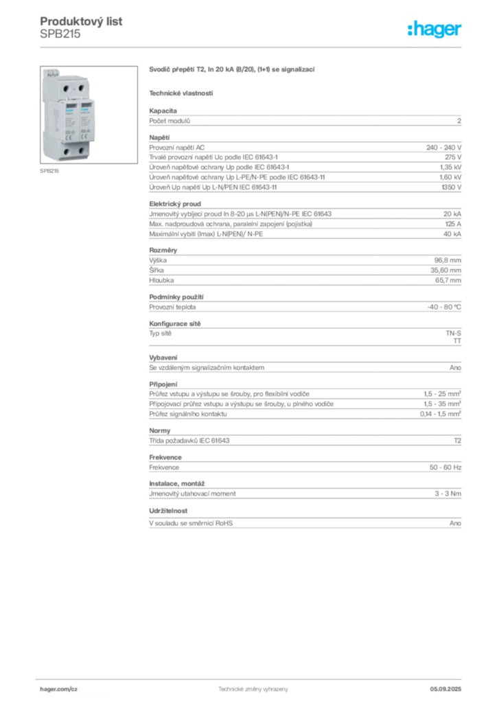 Obrázek Hager Produktový list SPB215 | Hager