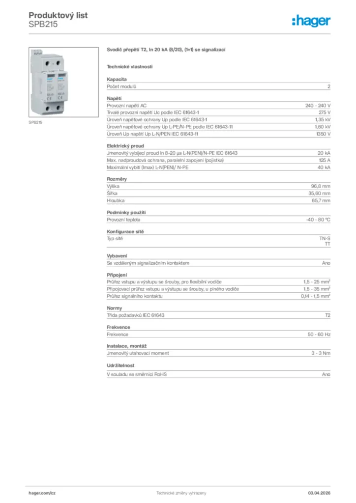 Obrázek Hager Product data sheet SPB215 | Hager