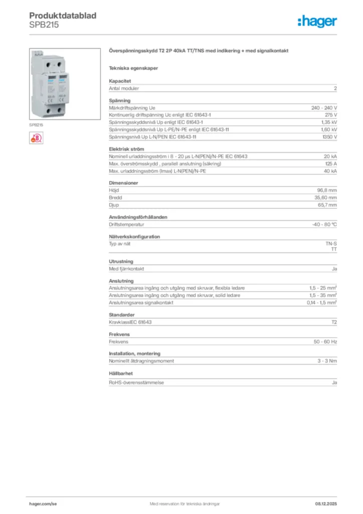 Bild Hager Produktdatablad SPB215 | Hager Sverige