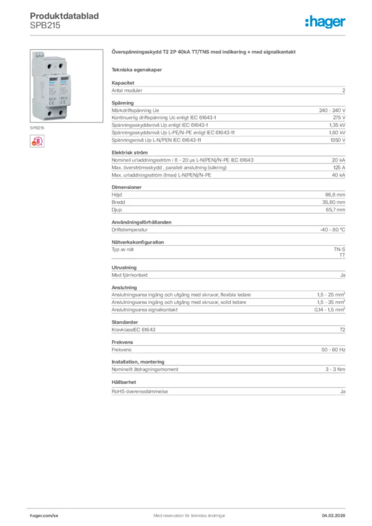 Bild Hager Produktdatablad SPB215 | Hager Sverige