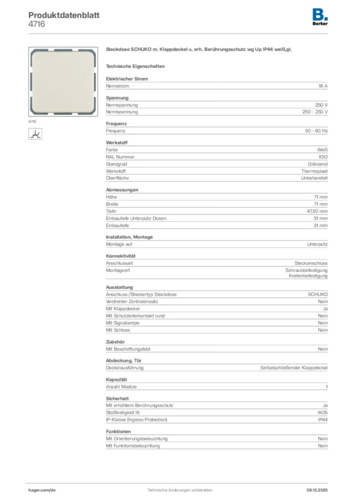 Bild Berker Produktdatenblatt 4716 | Hager Deutschland