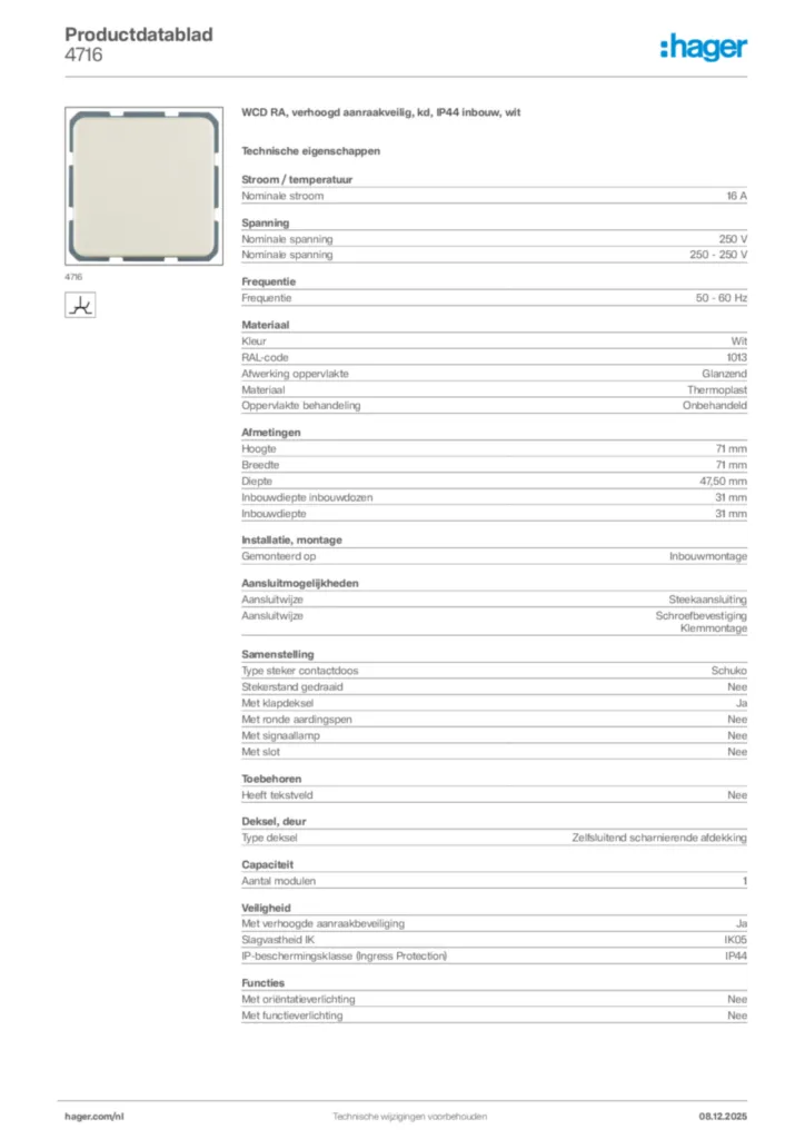 Afbeelding Hager Productdatablad 4716 | Hager Nederland