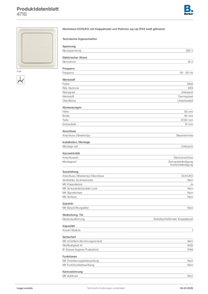 Bild Berker Produktdatenblatt 4718 | Hager Deutschland