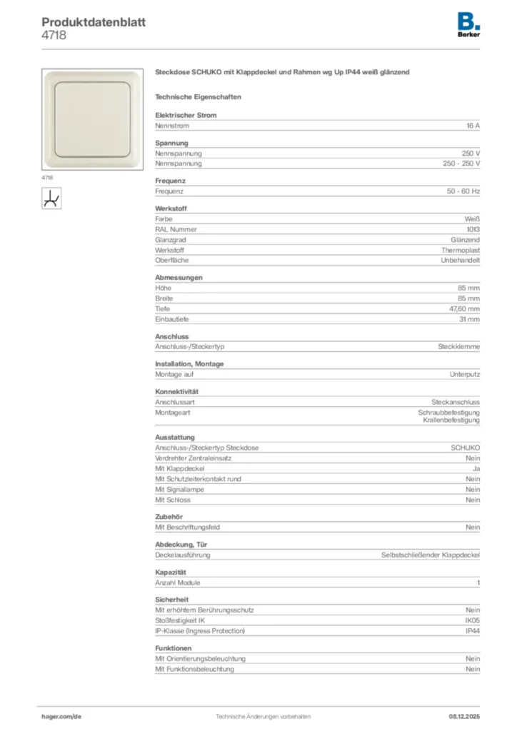 Bild Berker Produktdatenblatt 4718 | Hager Deutschland