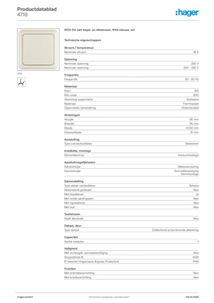 Afbeelding Hager Productdatablad 4718 | Hager Nederland