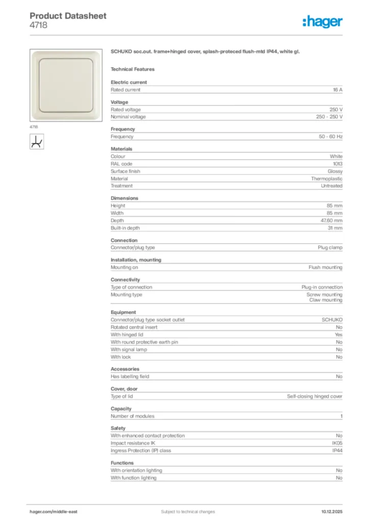 Image Hager Product data sheet 4718  | Hager