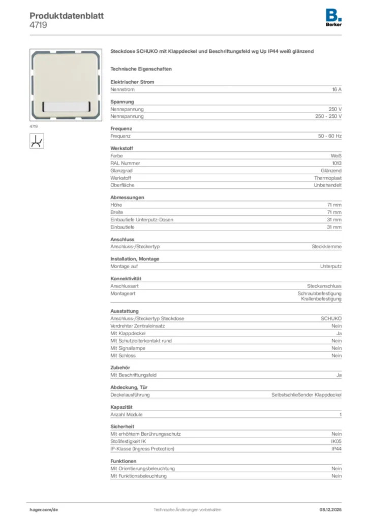 Bild Berker Produktdatenblatt 4719 | Hager Deutschland