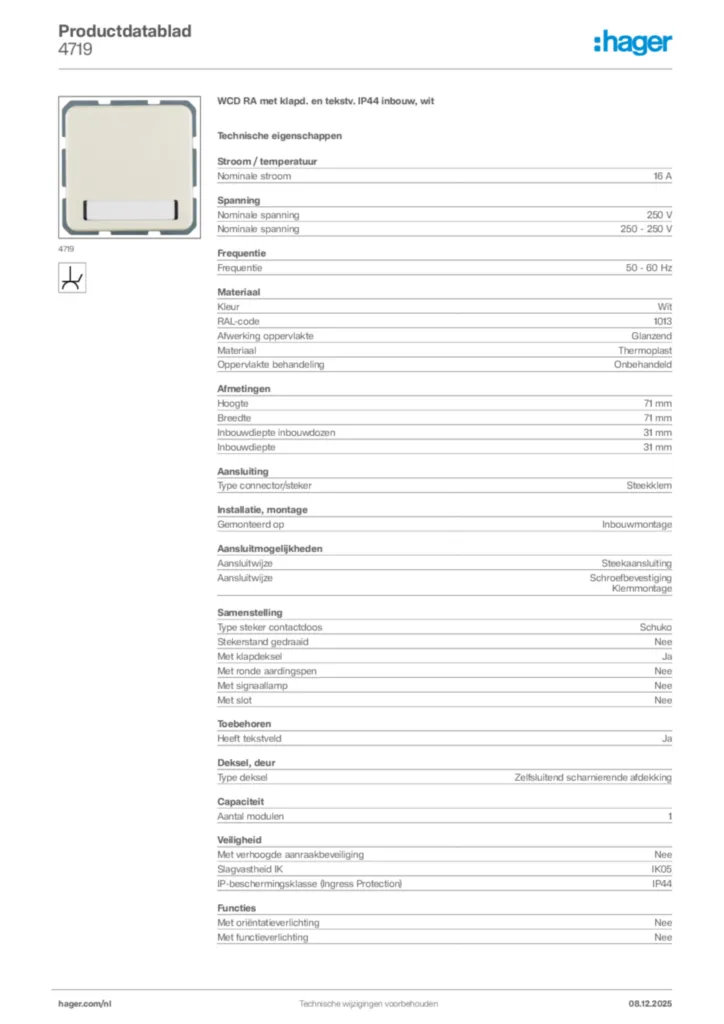 Afbeelding Hager Productdatablad 4719 | Hager Nederland