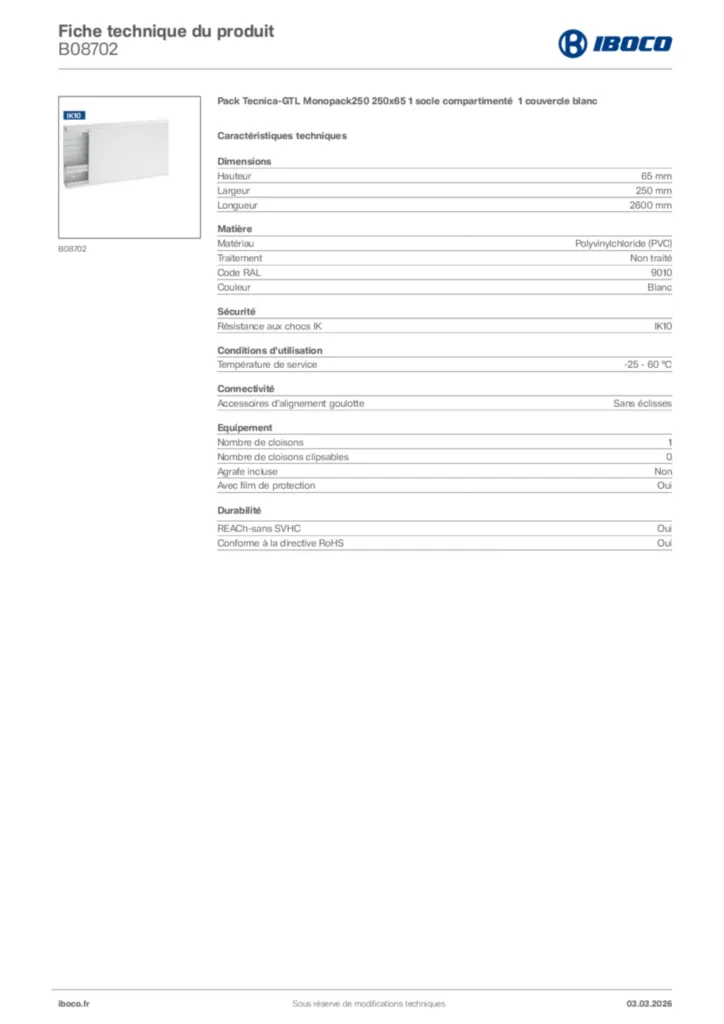 Image Iboco Fiche technique du produit B08702 | Hager France